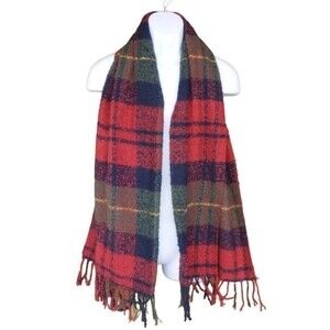 CHAPS Scarf, 65.5x20, Wide, Red, Blue, Green plaid, Fringe finish, Poly/Washable